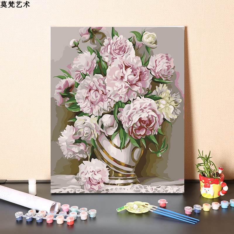 数字油画diy手工填充芍药花卉客厅卧室装饰画手绘涂色丙烯油彩画图片