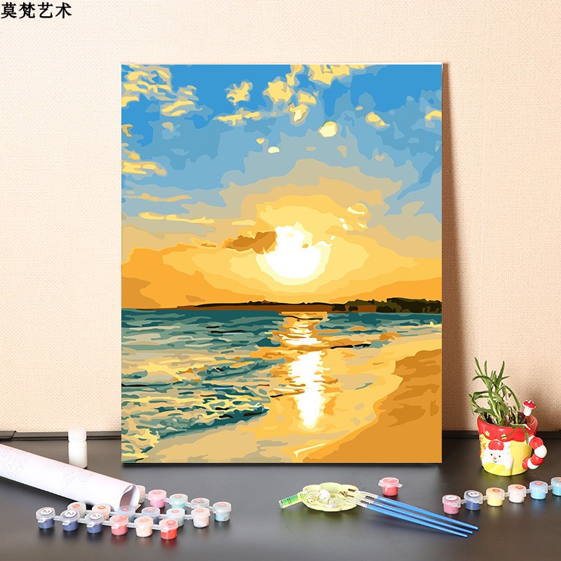 治愈海上冉冉升起的太阳数字油画