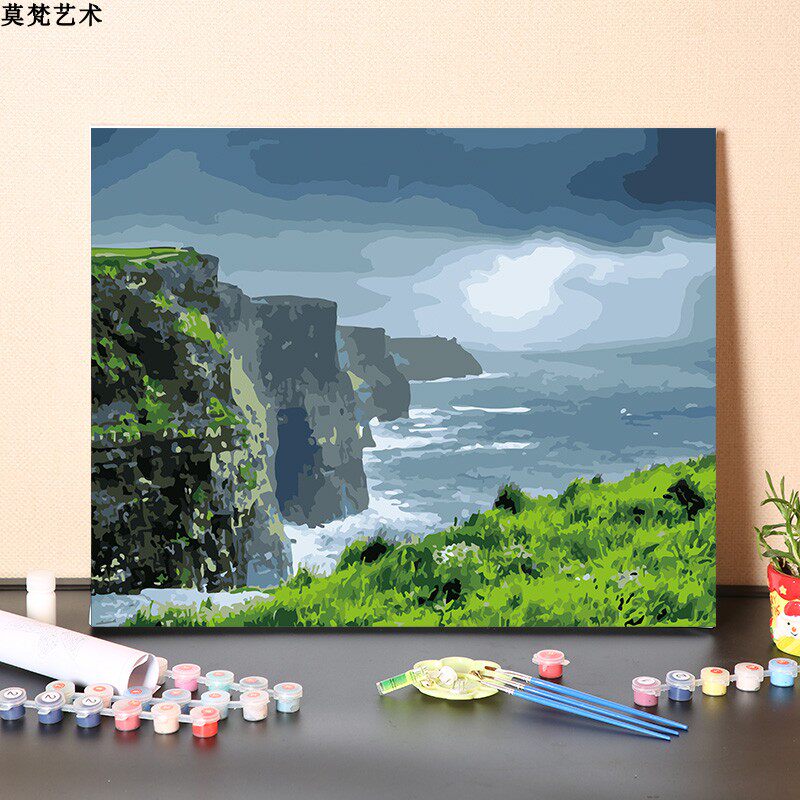 数字油画diy手工填充暴风雨海边悬崖边风景画手绘涂色丙烯油彩画