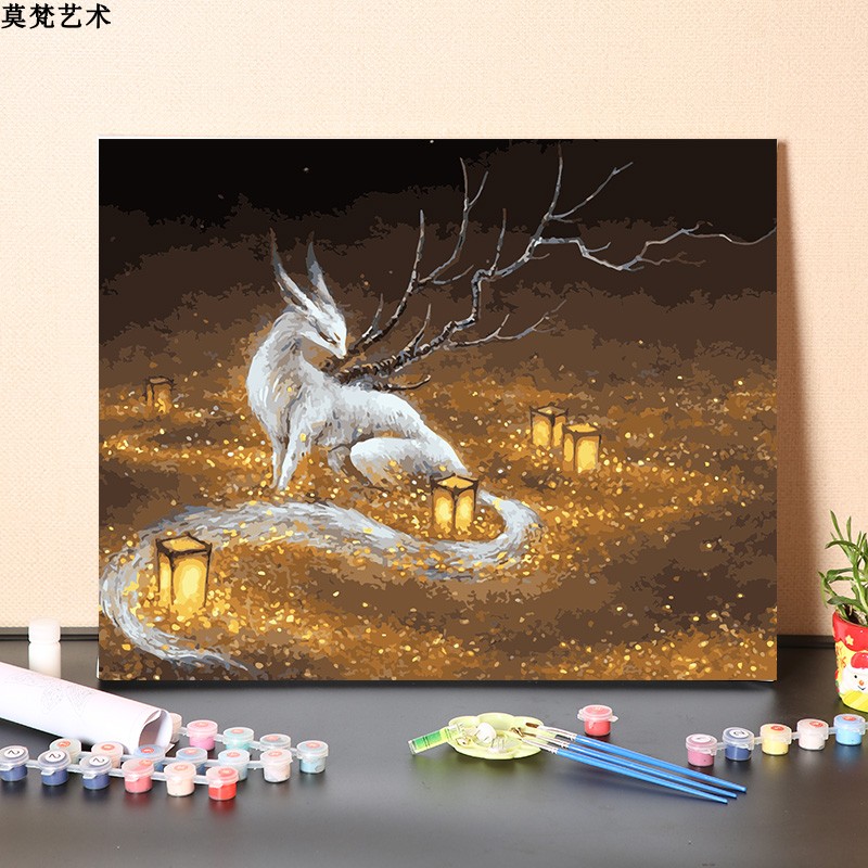 山海经神话九尾狐妖数字油画diy