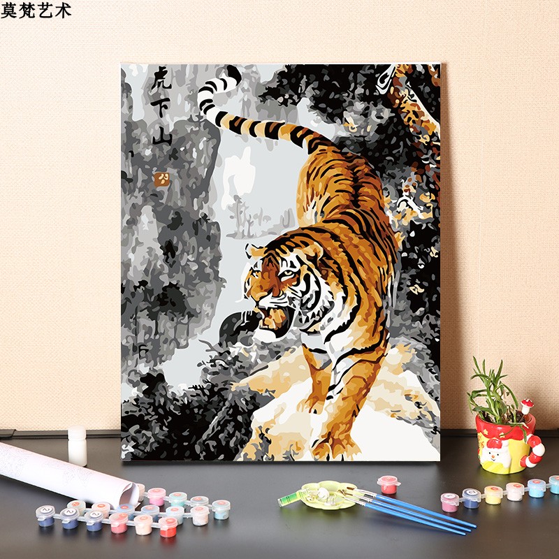 数字油画diy手工填充老虎下山手绘客厅装饰丙烯减压涂色油彩画画图片