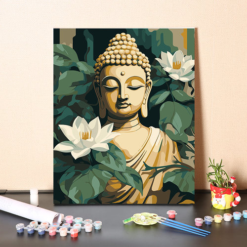 清新荷花佛祖佛像数字油画diy