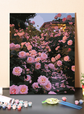 满院粉色玫瑰花风景画数字油画