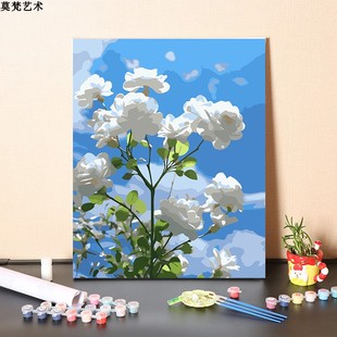 数字油画diy手工蓝天白云山茶花风景画填充填色手绘涂色油彩画画