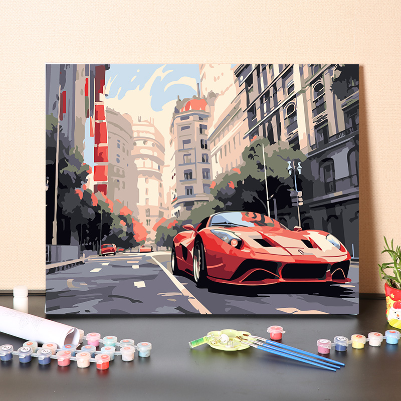 炫酷炸街红色跑车数字油画