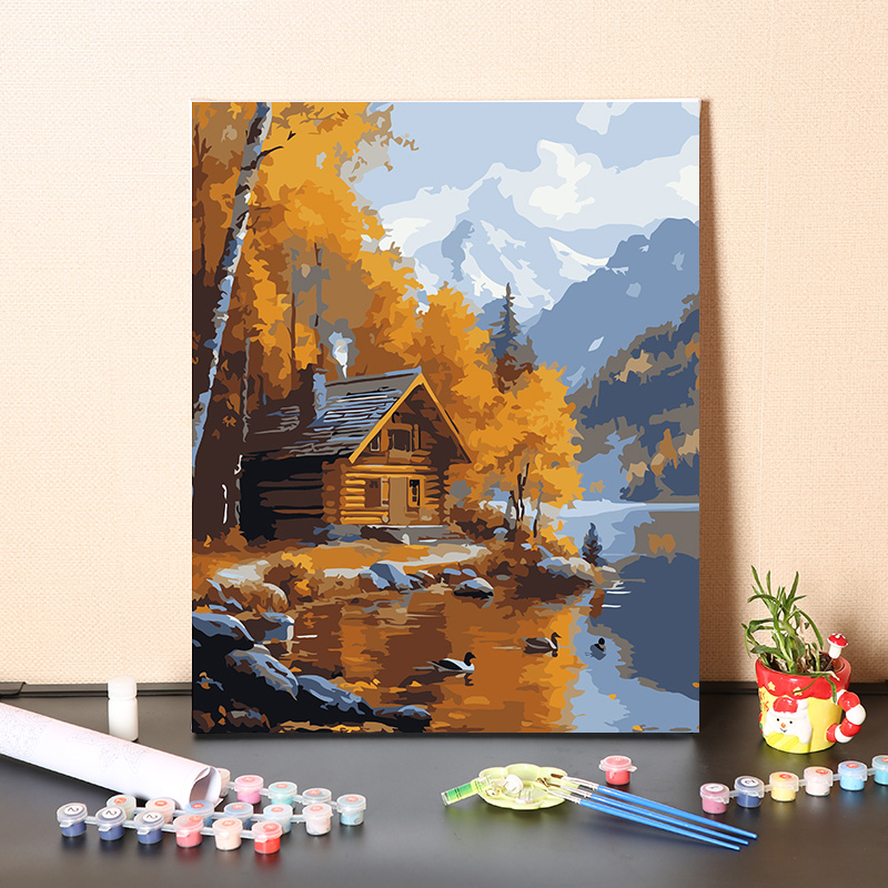 数字油画diy填充手工秋天枫叶树林小屋风景填色丙烯装饰油彩画画图片