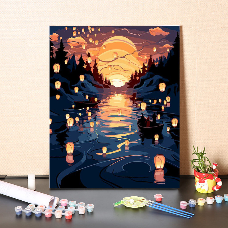 数字油画diy填充油彩画放飞梦想孔明灯祈福装饰画手工丙烯涂色画