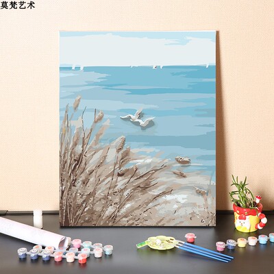 治愈清新芦苇丛中小飞鸟数字油画