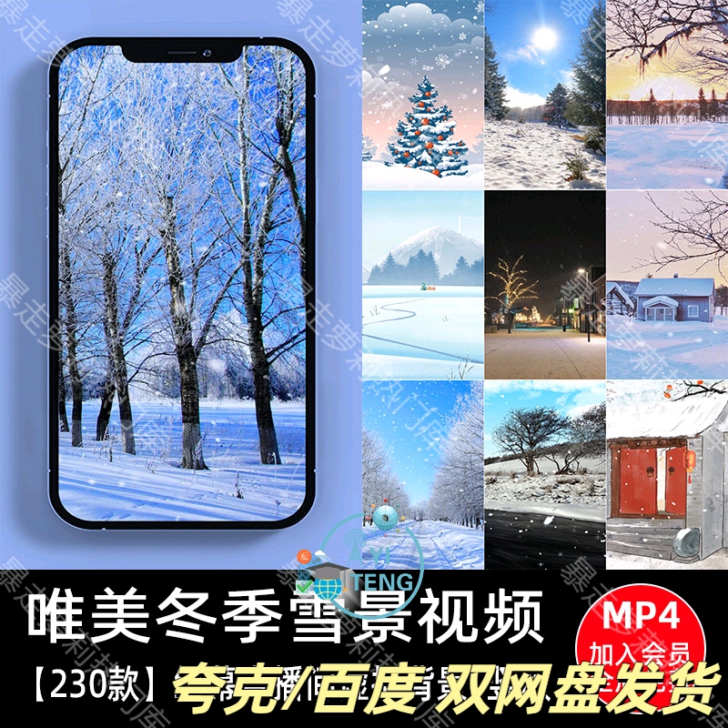 唯美冬季雪景竖屏视频冬天下雪花风景绿幕抖音直播间背景动态素材