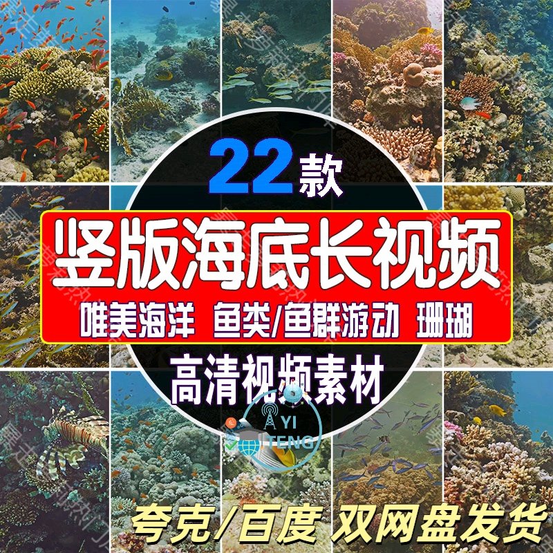 竖版海底长视频唯美海洋鱼群类珊瑚游动绿幕动态直播led背景素材
