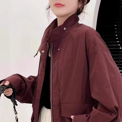 韩系撞色袖口安哥拉红风衣外套女秋季新款洋气宽松小个子休闲夹克