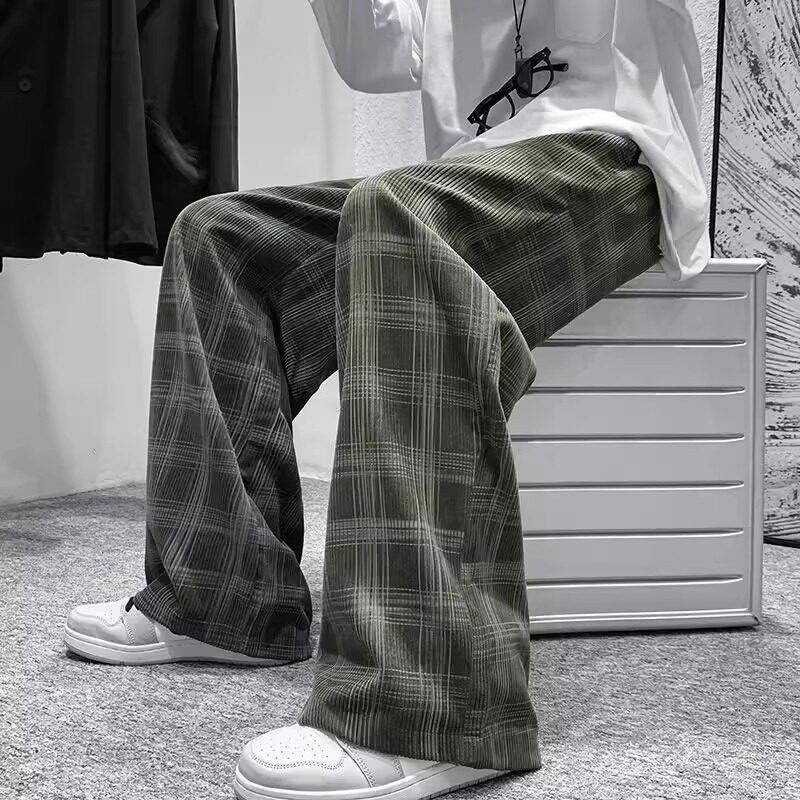 男士加绒灯芯绒格纹宽松直筒裤