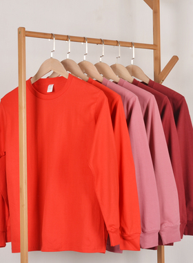 【小白家】大红色250g重磅厚实纯棉圆领长袖T恤女男情侣宽松大码