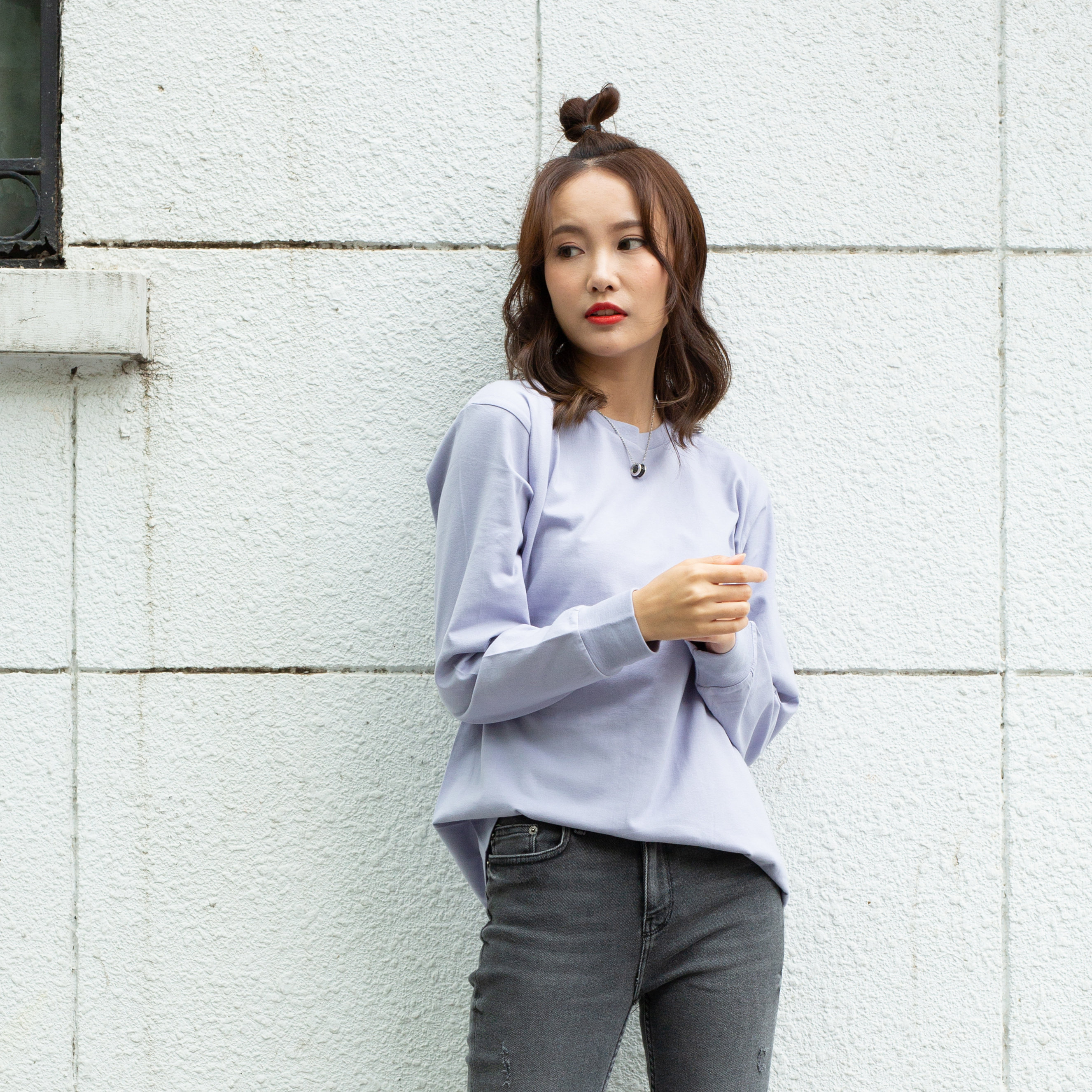 【小白家】日系小清新薰衣草淡紫250g重磅全棉圆领长袖T恤女宽松