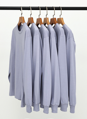 【小白家】淡紫色250g重磅纯棉圆领长袖T恤女男宽松内搭全棉白T