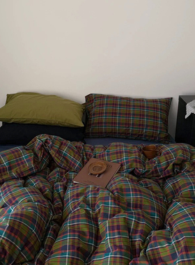 寻找梅勒斯丁/vinta复古格纹水洗棉床单四件套纯棉被套床笠三件套