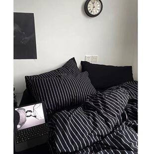 巴恩斯特/极简主义色织黑条水洗棉床单四件套全棉被套床笠三件套