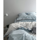 8月 文森特 Nordic北欧密拷边冰岛蓝水洗全棉床单四件套床笠被套