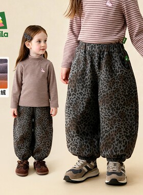 Amila女童加绒豹纹休闲裤儿童宝宝一体绒束脚长裤子小女孩冬厚款