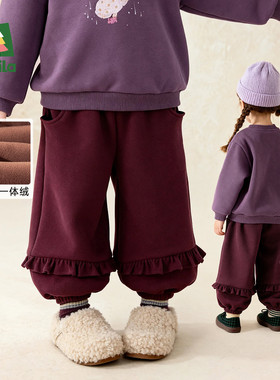 Amila女童加绒休闲长裤秋冬款儿童宝宝一体绒保暖束脚厚裤子宽松