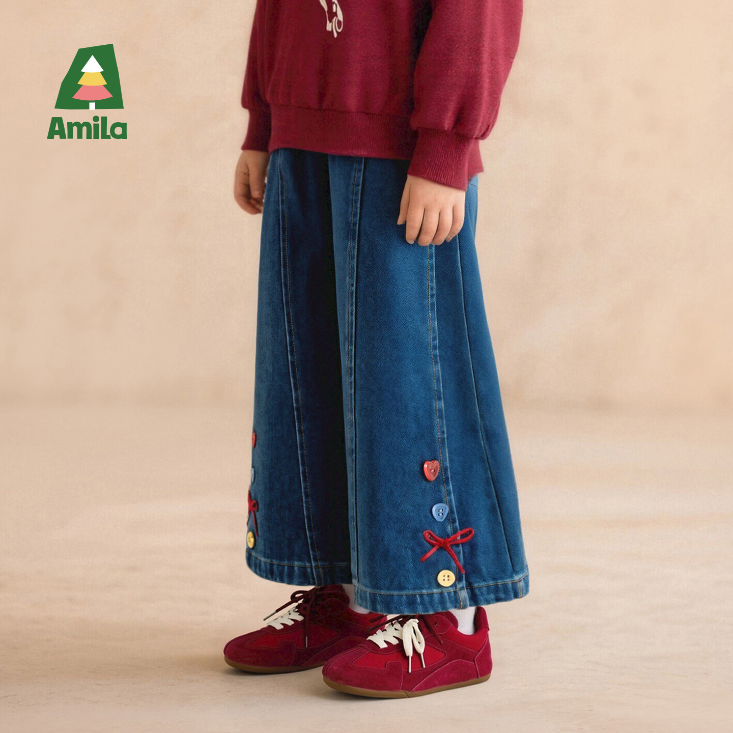 Amila女童休闲牛仔裤秋冬款儿童宝宝时髦阔腿加绒厚裤子小孩洋气