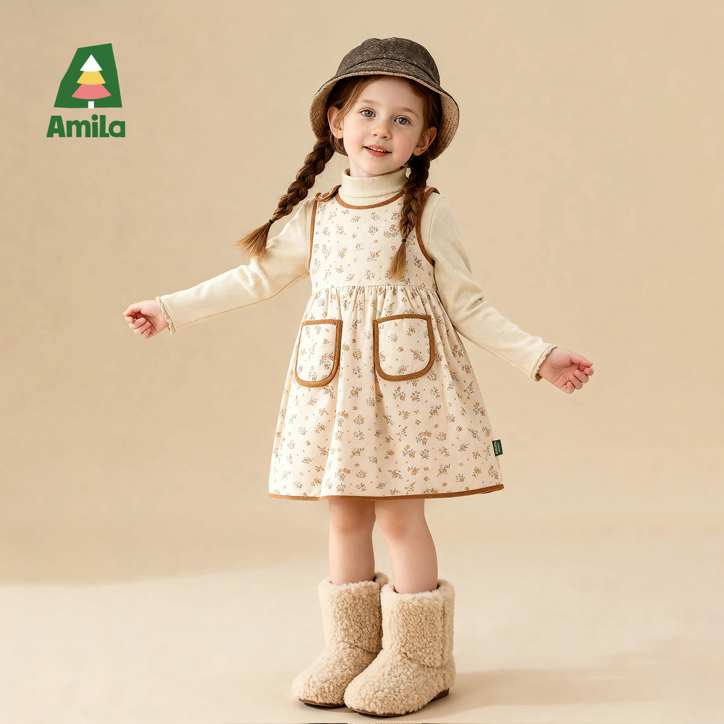Amila女童甜美夹棉背心裙秋冬款儿童宝宝碎花连衣裙加厚小孩洋气