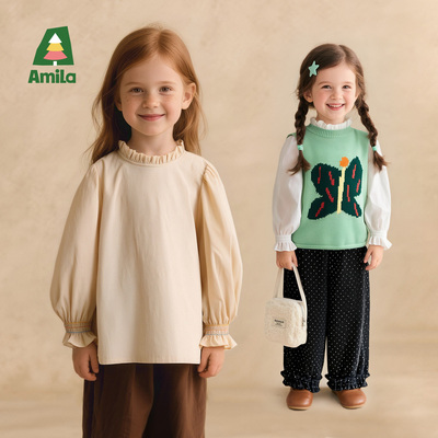 Amila女童甜美衬衫长袖纯棉