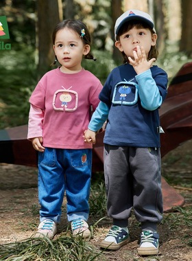 Amila男女童装长袖T恤2025春秋款儿童宝宝上衣假两件中小童打底衫