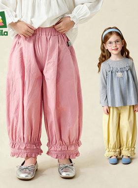 Amila女童甜美休闲裤春秋款儿童宝宝木耳边长裤子纯棉小女孩洋气