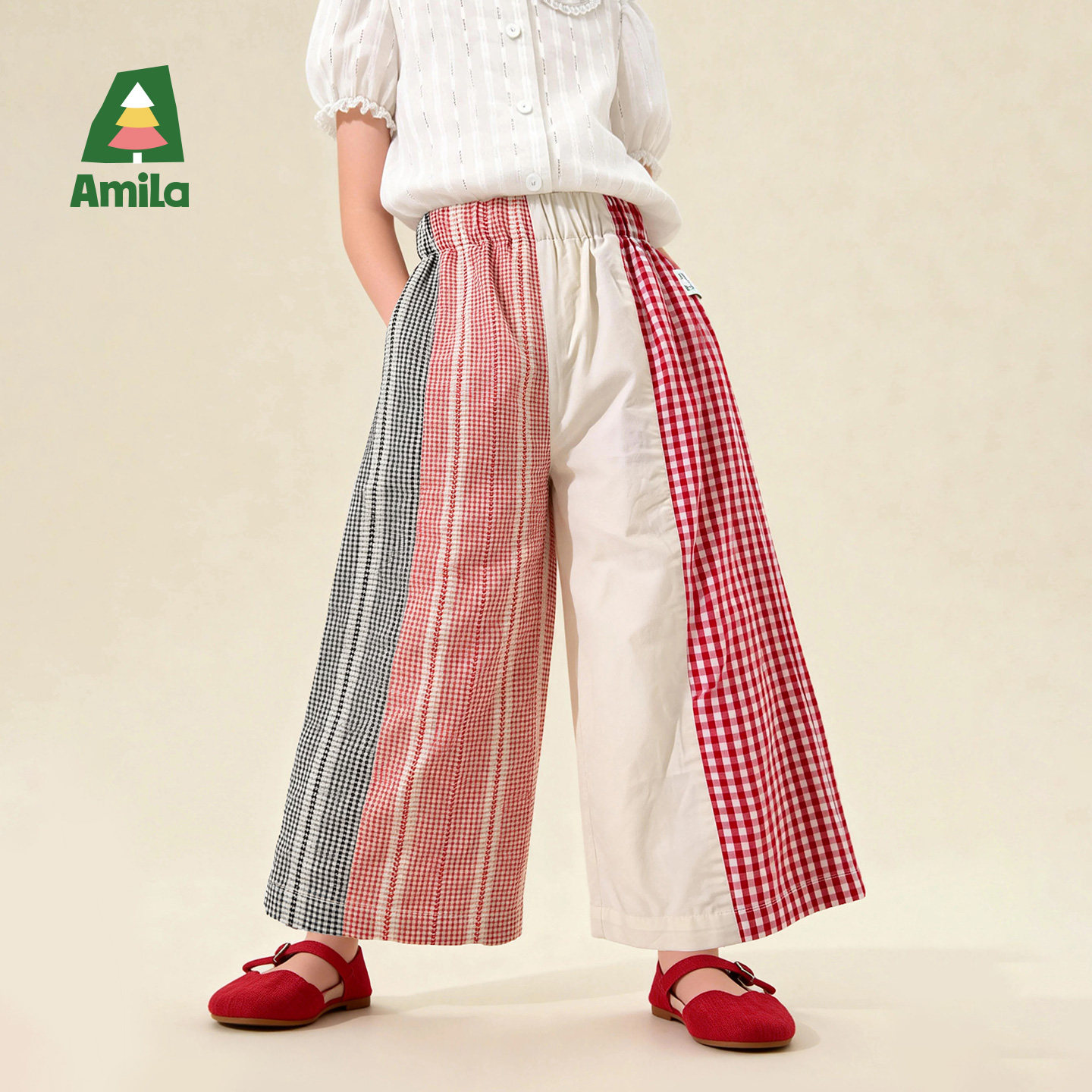 Amila女童夏季格纹休闲裤薄款儿童纯棉透气阔腿长裤宽松小孩洋气