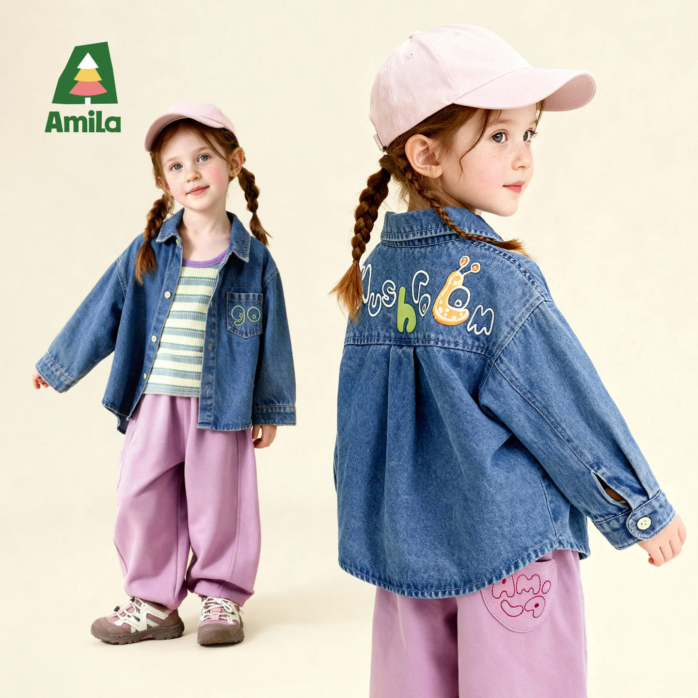 Amila男女童软牛仔外套春秋潮款儿童宝宝印花衬衫中小童长袖上衣