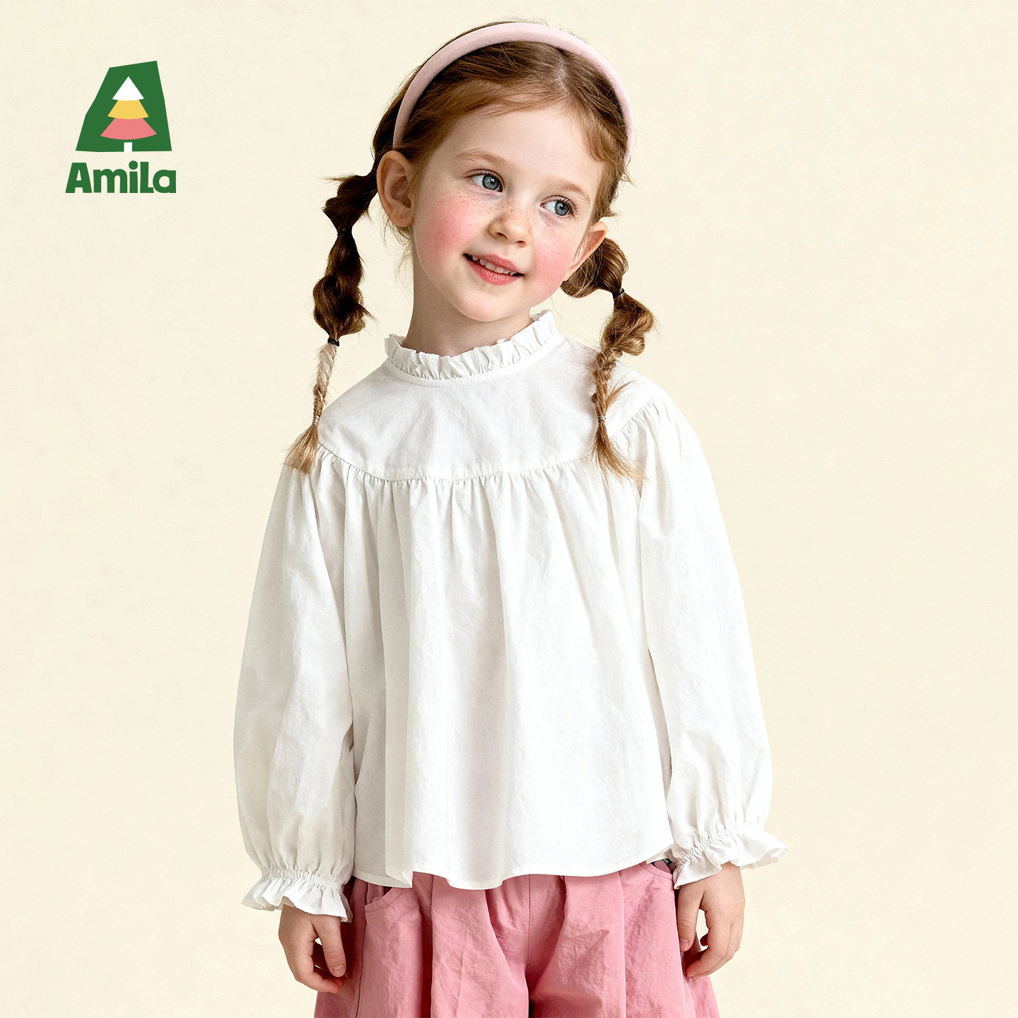 Amila女童荷叶花边领衬衫长袖春秋款儿童宝宝白色衬衣小女孩洋气