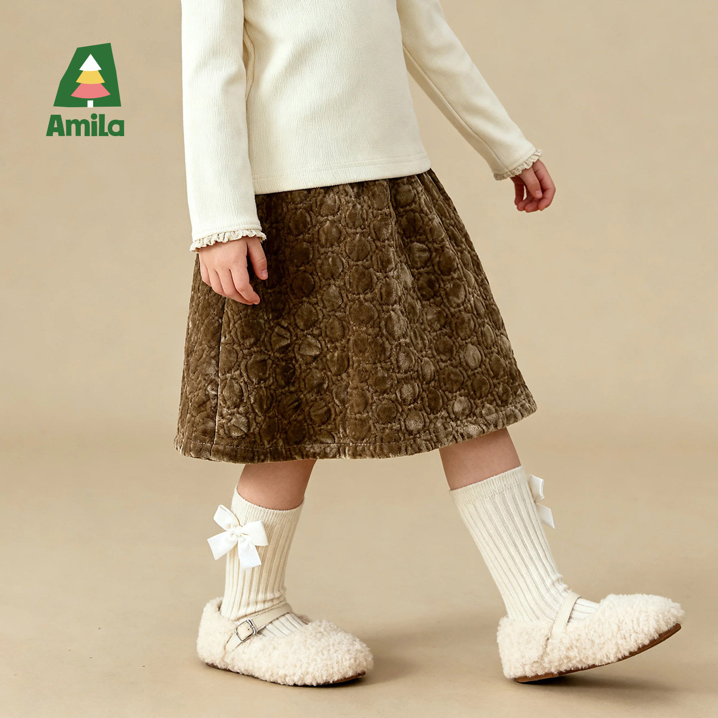 Amila女童缎面毛呢短裙秋冬款儿童甜美加棉保暖半身裙小女孩洋气