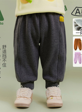 Amila男女童装加绒休闲运动裤秋冬款儿童宝宝一体绒束脚长裤宽松