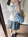 夏上衣学院风衬衣 星星抱月球 圆圆 jk制服圆领拼色收腰衬衫 女短袖