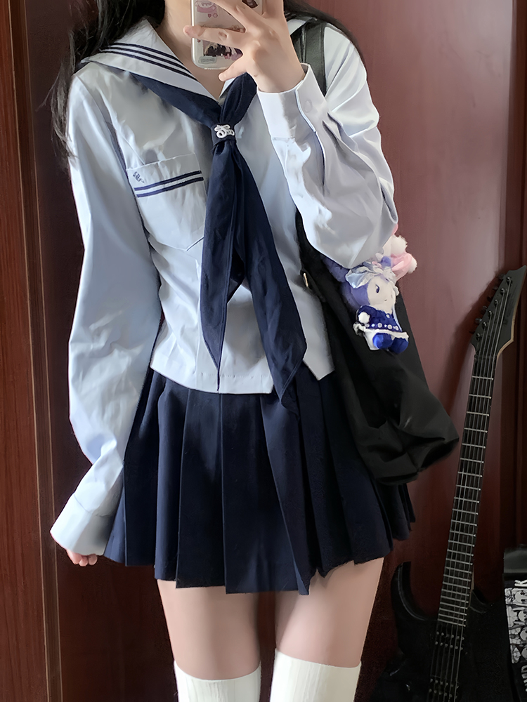 收腰水手服学院风长袖衬衫