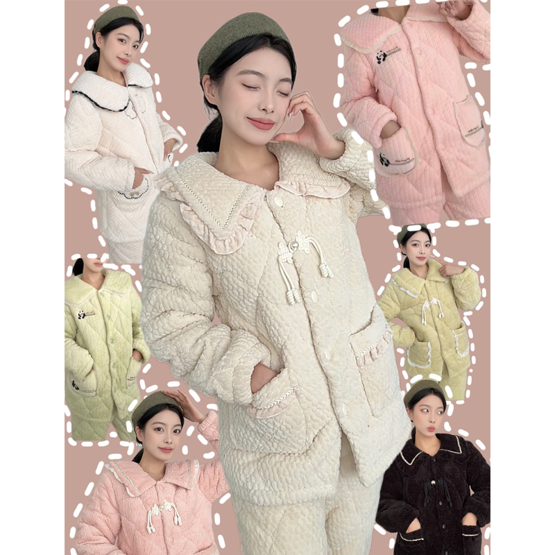 【0237小香风盘扣套装】冬季法兰绒睡衣女三层加厚夹棉可外穿家居