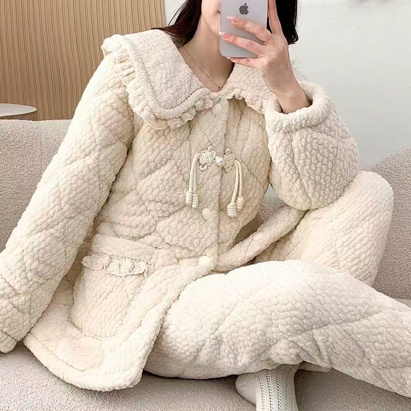 【冬款福利】新款秋冬季天女士三层夹棉睡衣大码套装加绒加厚家居