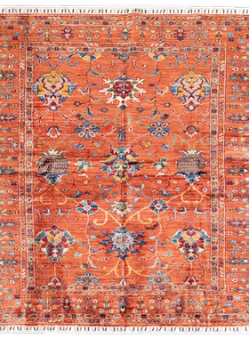 阿富汗手工羊毛打结复古花卉图案床边毯橙色流苏边百搭东方风地毯