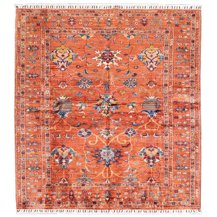 阿富汗手工羊毛打结复古花卉图案床边毯橙色流苏边百搭东方风地毯