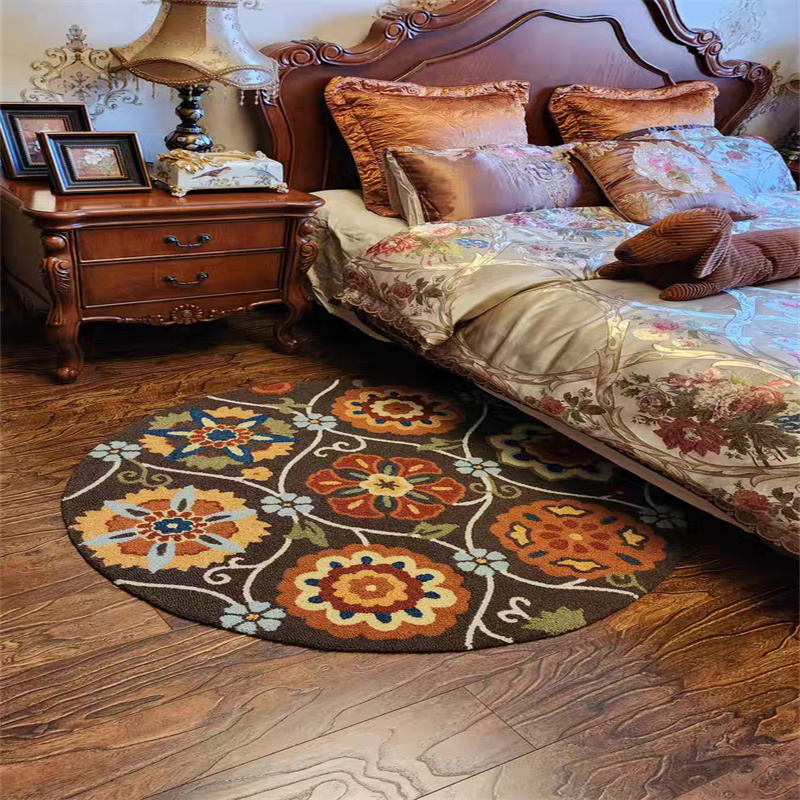 外贸美式手工针织地毯出口复古圆形门厅卧室轻奢植物花卉床边毯