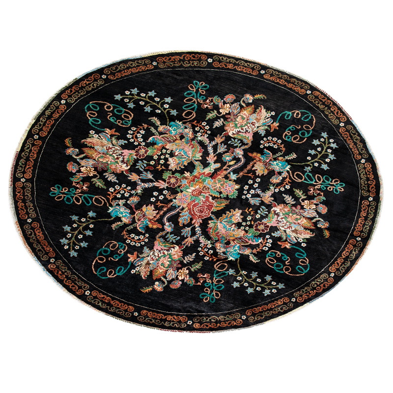 阿富汗手工羊毛地毯圆形大地毯纯黑色餐厅大尺寸仿古高端花卉图案