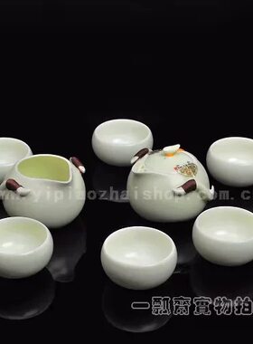 经典款包邮【一瓢斋】台湾宜龙正品茶具 定窑巧云八件茶组  粉绿