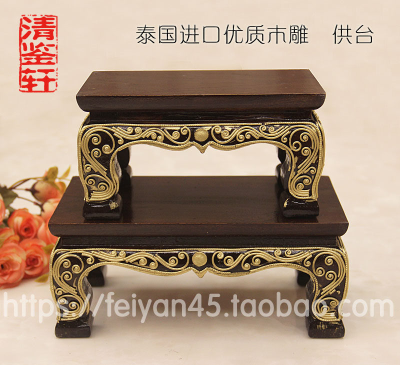 泰国原装佛牌用品四面底座柚木质供台桌金色花边镶嵌深色摆放雕像