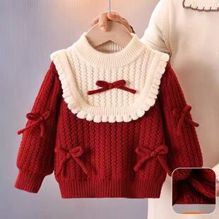 女童毛衣2025新款秋冬儿童针织衫宝宝加厚女孩韩版蝴蝶结加德绒