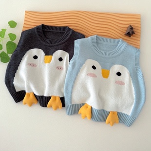 2025秋冬季儿童针织开衫马甲韩版可爱洋气宝宝卡通企鹅毛线背心