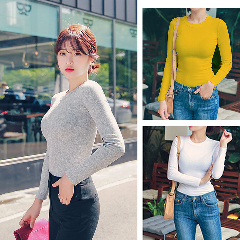 秋冬性感紧身长袖女小圆领弹力莱卡棉内搭上衣黄色薄款打底衫T恤