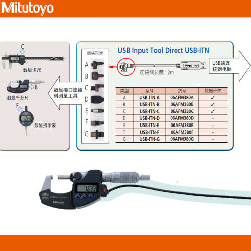 三丰USB-ITN-B带输出按钮防水型06AFM380B数据线USB直连千分尺用