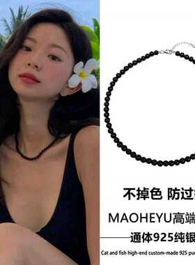 不掉色S925纯银天然7A级黑玛瑙项链女锁骨链复古毛衣链小众设计潮