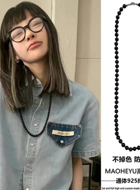 不掉色MONA同款项链长款S925纯银天然7A级黑玛瑙毛衣链新中式甜酷